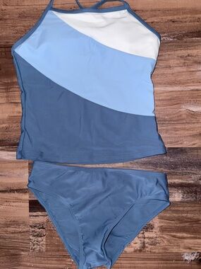 Forever 21 Girls Blue White Colorblock Tankini Bikini Set